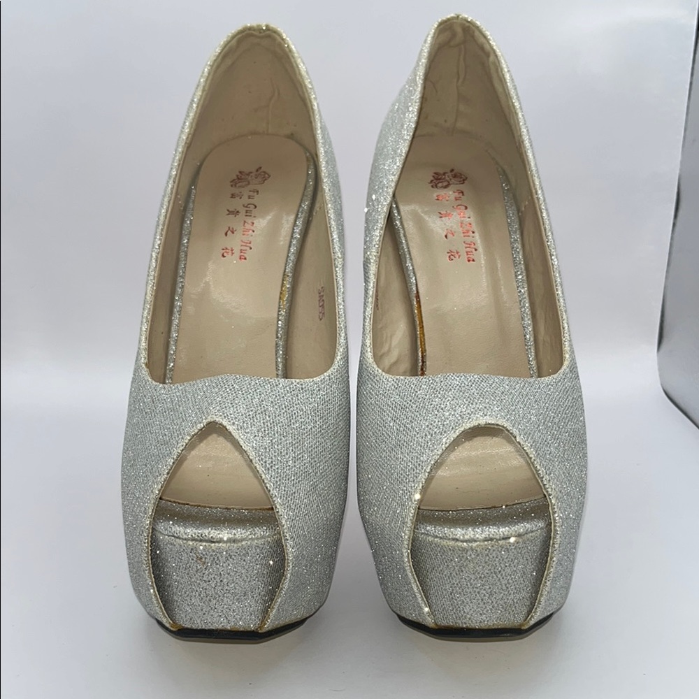 Y2K Silver Peep-Toe Heels, size 8.5